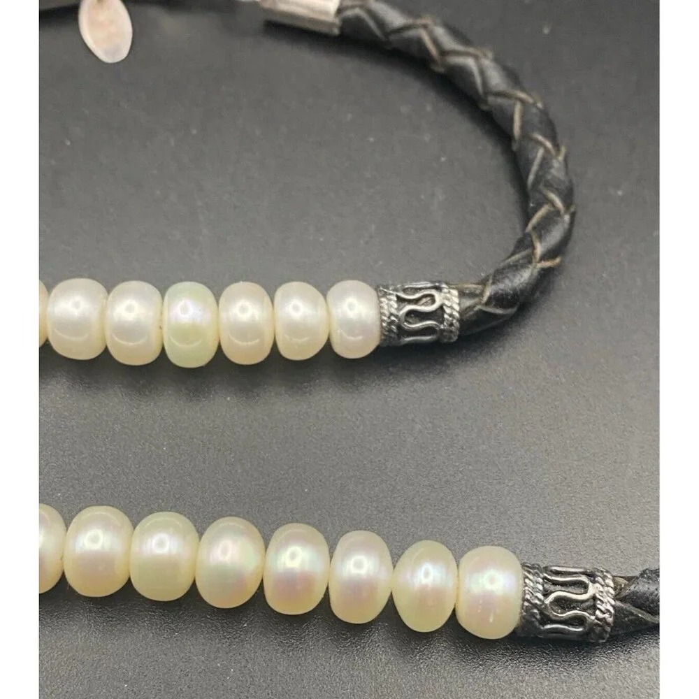 Necklace & Bracelet Set Sterling Silver Freshwater Pearls Braided Black Leather - Picture 3 of 7